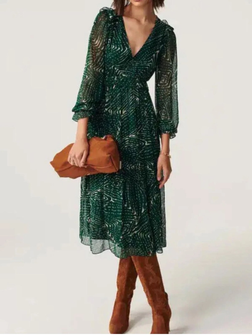 Ba&Sh Gabriela V-neck Tiered Midi Dress Green Long Sleeve Sz 0